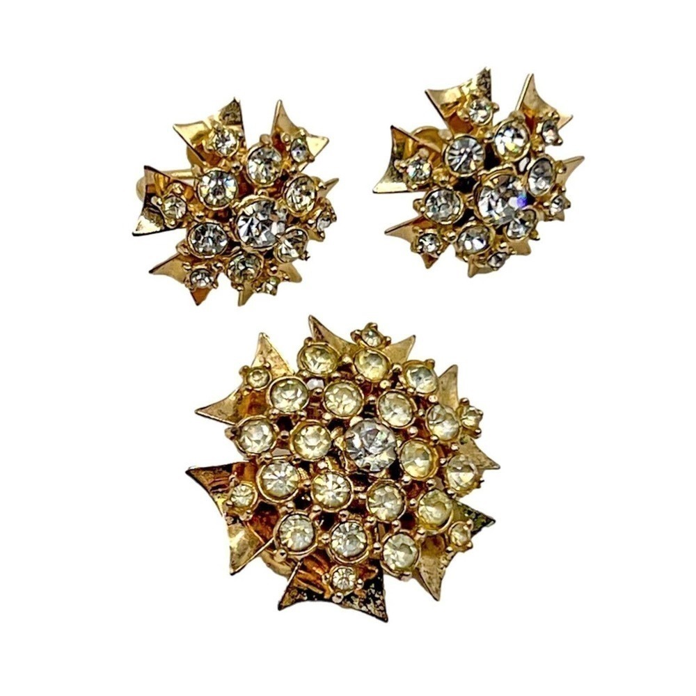 Vintage 60s Brooch Pendant Earring Set Pave Rhinestone Cross Star